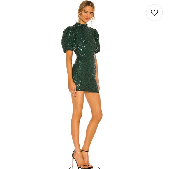 Camila Coelho Cassie Sequin Mini Dress XS Emerald Green puff-sleeve open back - Picture 1 of 5